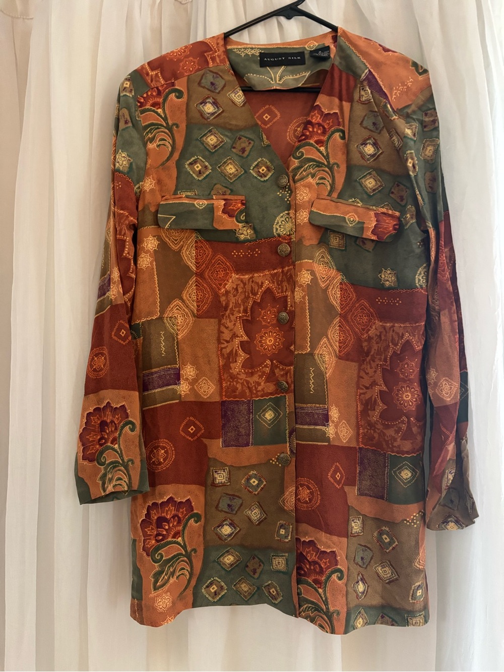 august silk Patchwork long button down